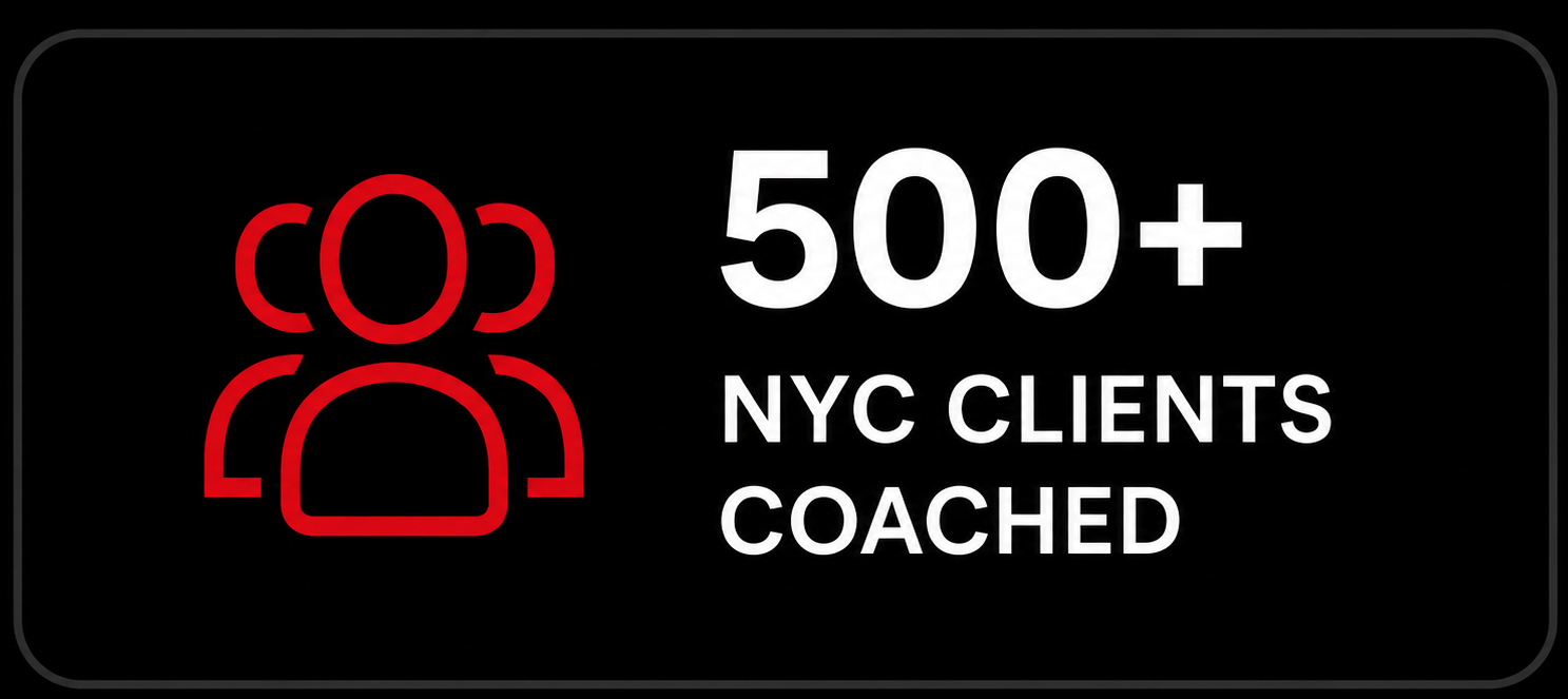 Badge highlighting more than 500 personal training clients coached in NYC.