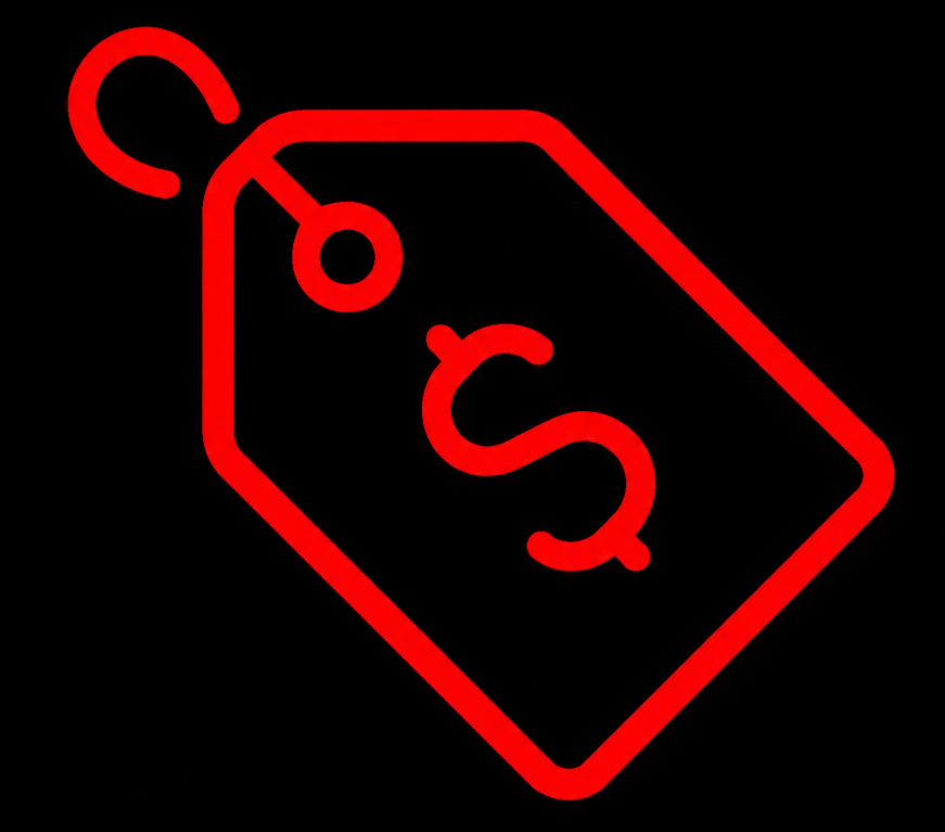 Red outline price-tag icon representing personal training pricing and program information.