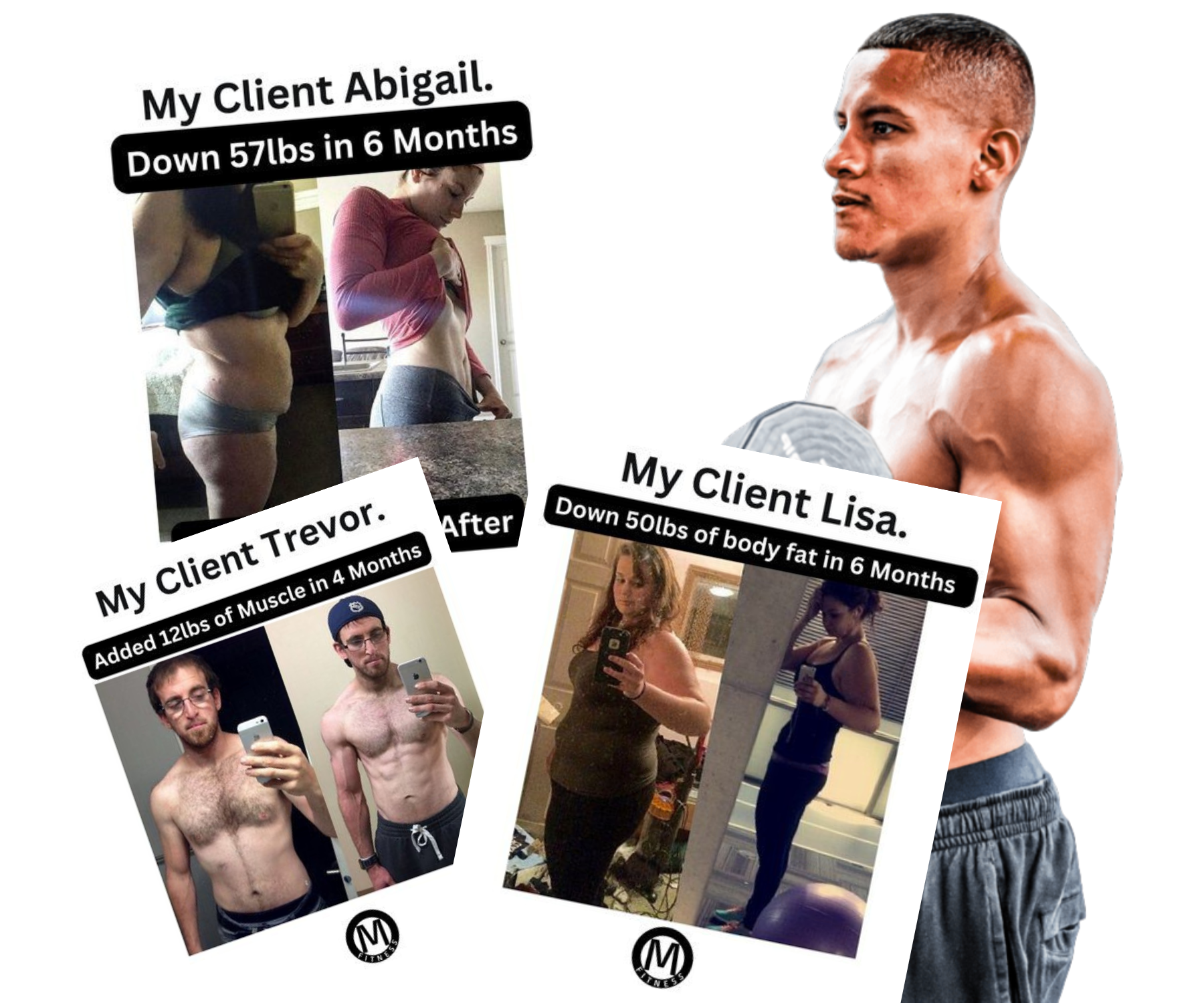 Mario Ortiz with before-and-after transformation photos of personal training clients in NYC.
