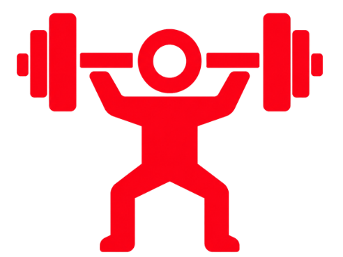 Strength Training and Form Coaching Icon Red weightlifter icon lifting a barbell on a dark circular background