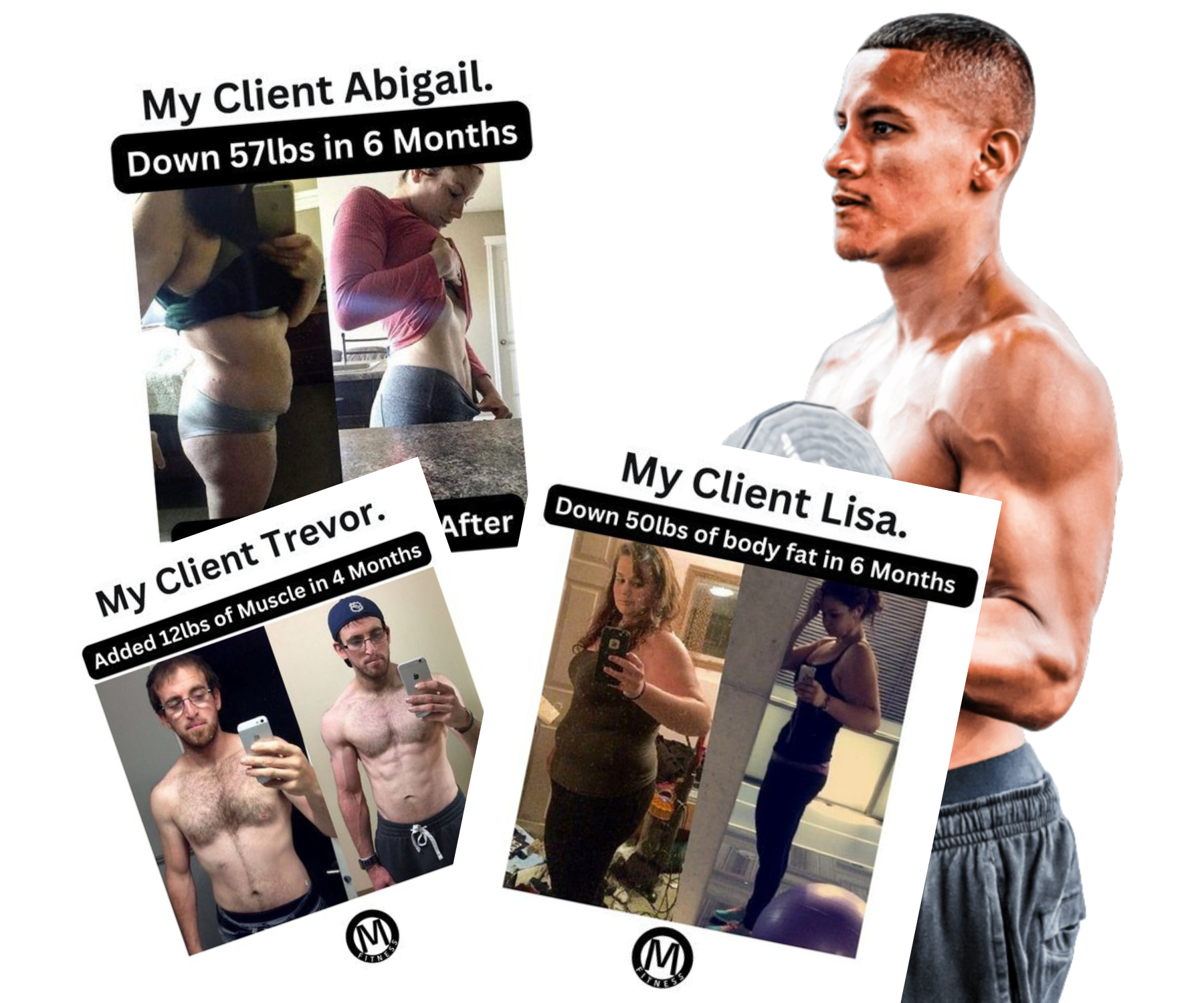 Mario Ortiz Client Transformation Results Mario Ortiz with before-and-after transformation photos of personal training clients in NYC.