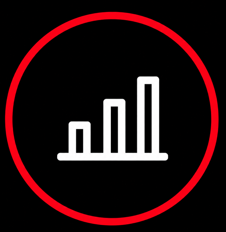 Progress Tracking Icon White bar chart icon inside a red circular outline on a black background